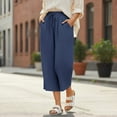 thumbnail image 6 of AKOEE Cotton Linen Capris for Women with Pockets Drawstring Elastic Waist Wide Leg Beach Lounge Capri Pants (XL, Navy), 6 of 8