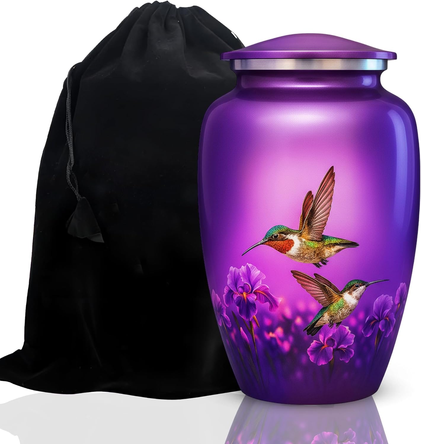 Hummingbird Cremation Urn Set of 2 – Includes 1 Large Metal Urn for Adult Ashes and 1 Matching Necklace Urn – Handcrafted in India