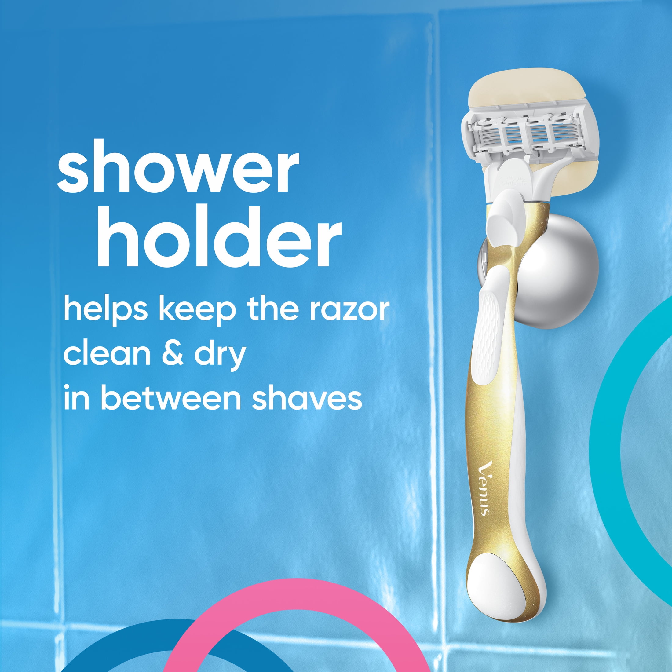 Gillette Venus MoistureGlide Gold Women's Razor Handle + 2 Blade Refills, includes Shower Holder
