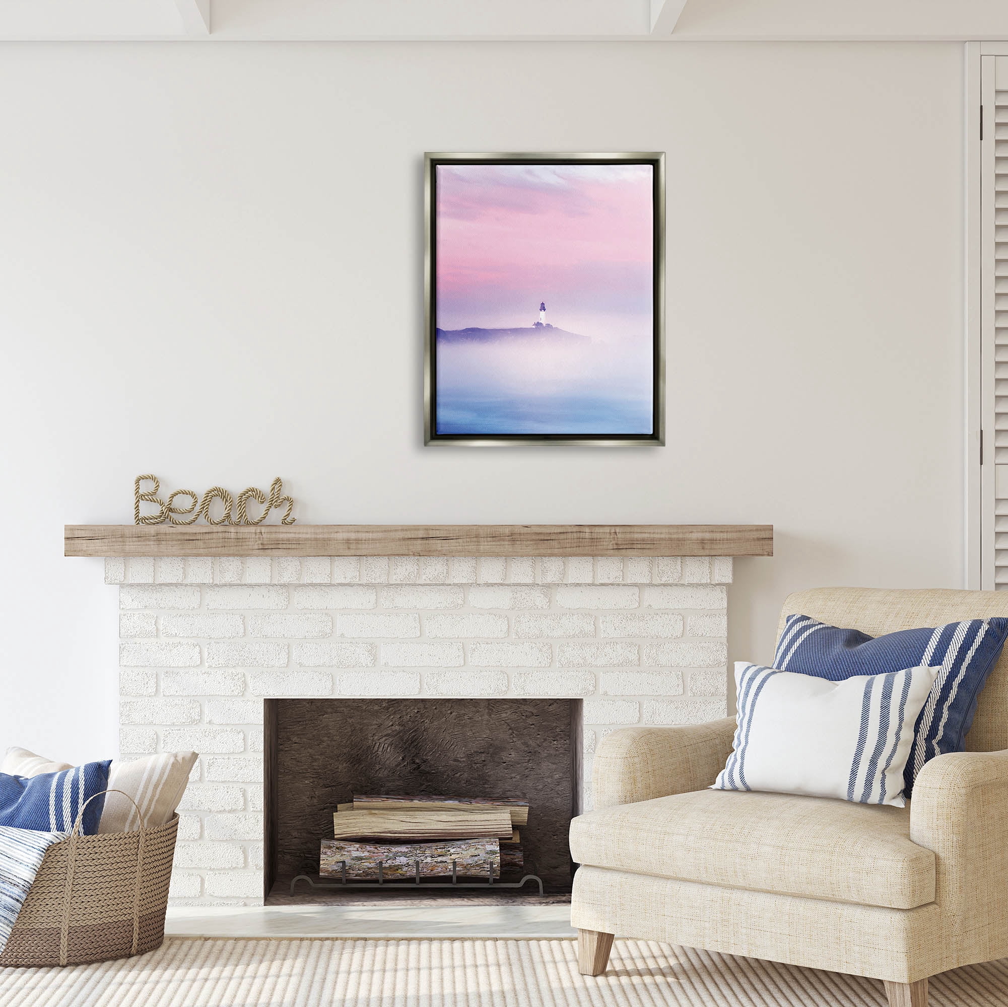 Stupell Industries Foggy Pink & Purple Lighthouse Sky Coastal Photography Gray Floater Framed Art Print Wall Art