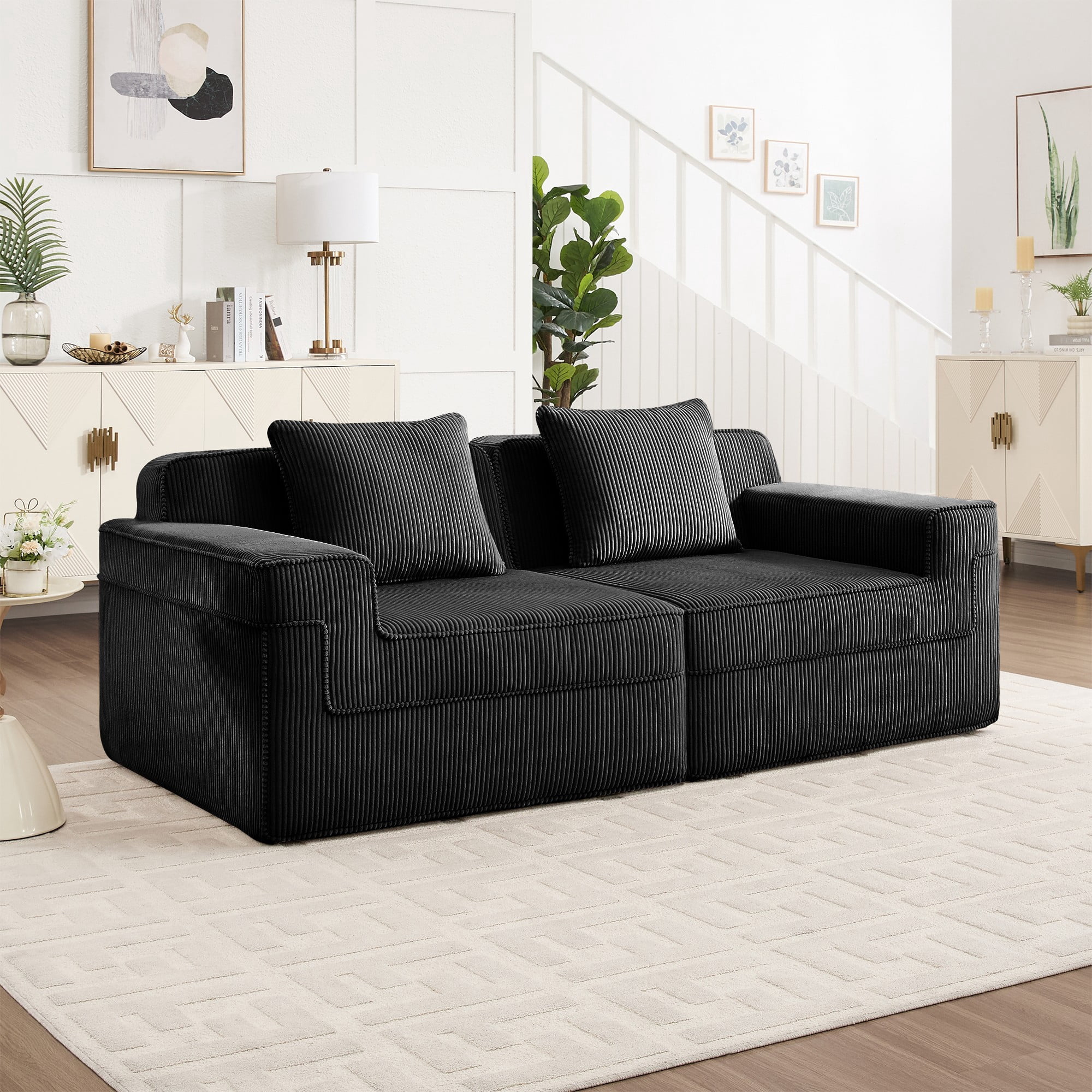 DEALTOPS 81" Modern Corduroy Floor Sofa, Modular 2-Seater Cloud Couch with Deep Seats & 2 Pillows, Black
