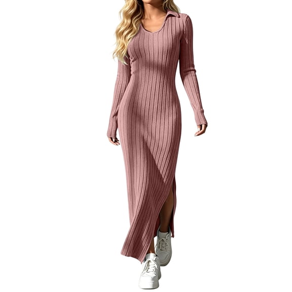 Levmjia Women Solid Ribbed Maxi Dress Knit Turn Down Collar Long Sleeve Slim Fit Stretchy Soft Elegant Bodycon Dress Daily Dating Party Office