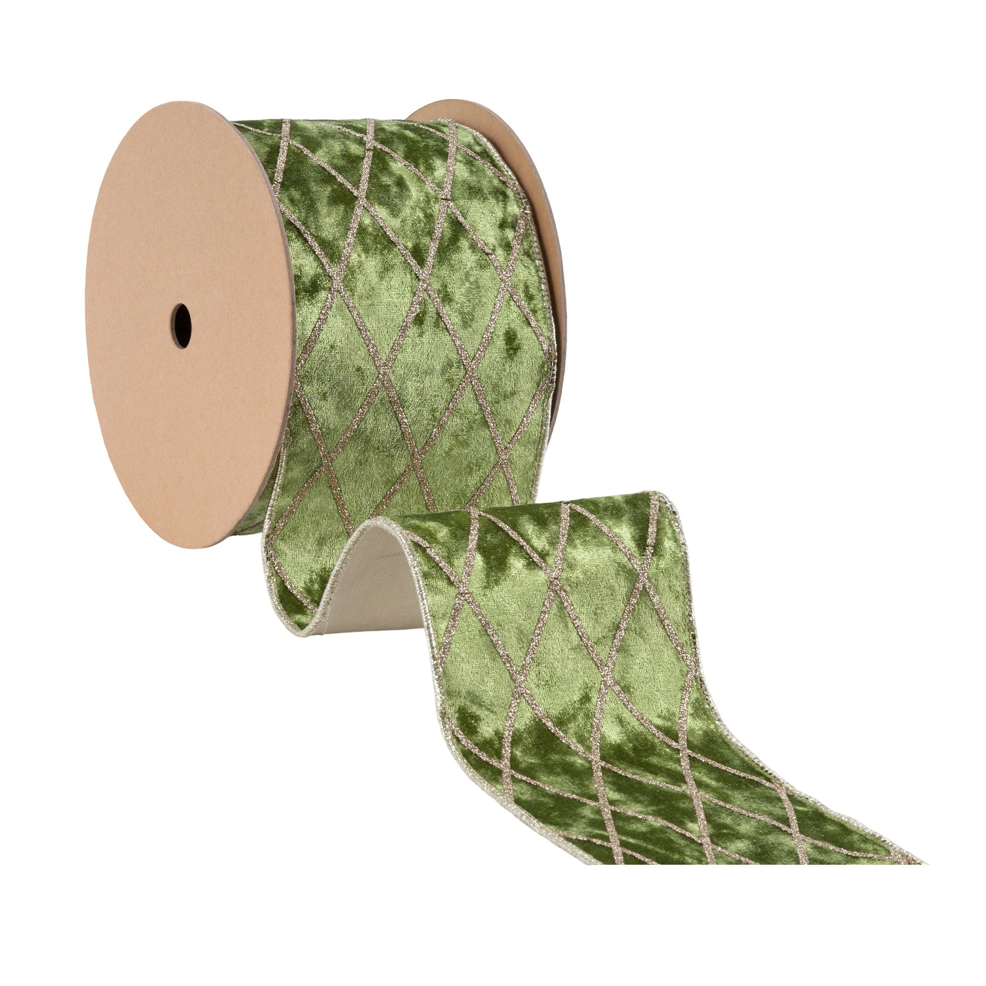 LaRibbons 4" Wired Velvet Ribbon, Willow Green with Glittered Diamond, 10 Yard Roll