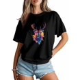thumbnail image 4 of Women's T-Shirt Deer Head Colorful Splash Short Sleeve Casual Tee Classic Crew Neck T Shirt for Women Black, 2XL, 4 of 7