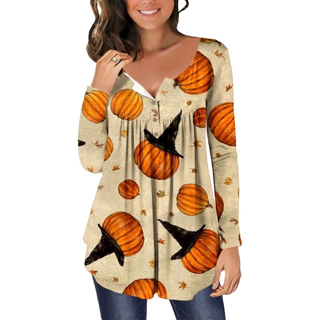 Blusa informal de manga larga con botones abiertos y cuello redondo para mujer, holgada, plisada, para Halloween Pompotops FGAJ4540