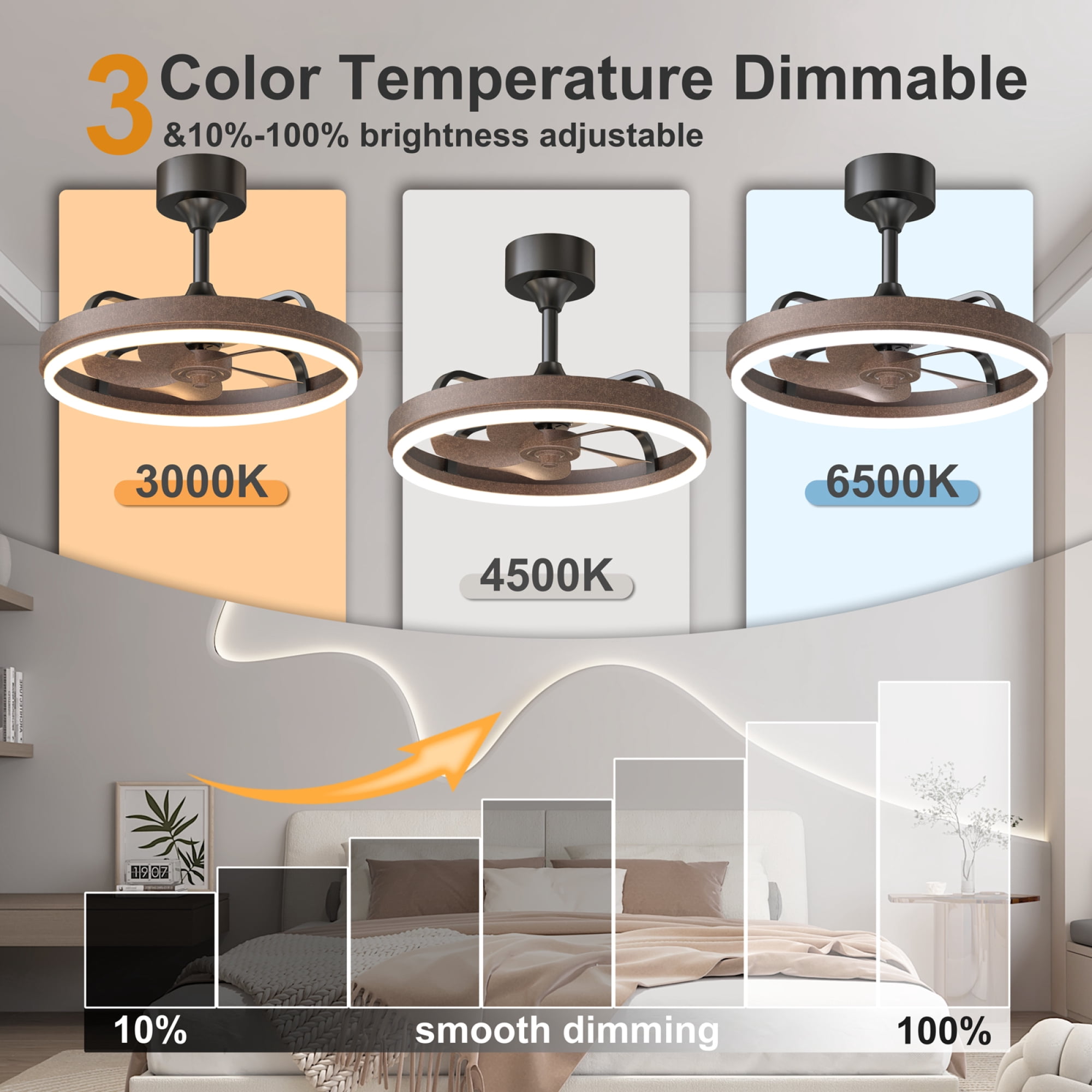 Leumius 20.5" Rustic Brown Ceiling Fans with Lights Remote & APP Control, Downrod Mount Dimmable LED Fandelier, 6 Speeds Quiet DC Motor, Modern Ceiling Fan for Bedroom Living Room