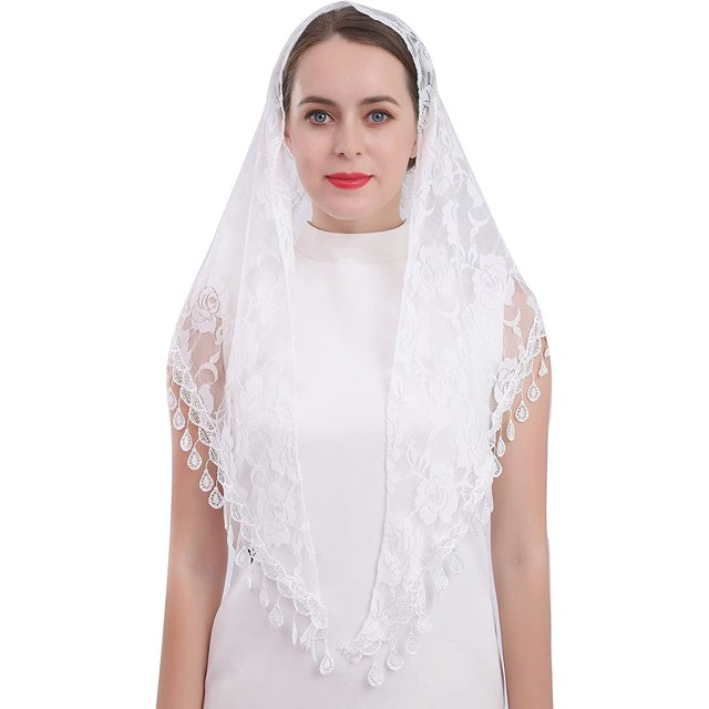 Velo de encaje triangular, mantilla, chal o pañuelo latino, cubrecabezas con flecos de encaje