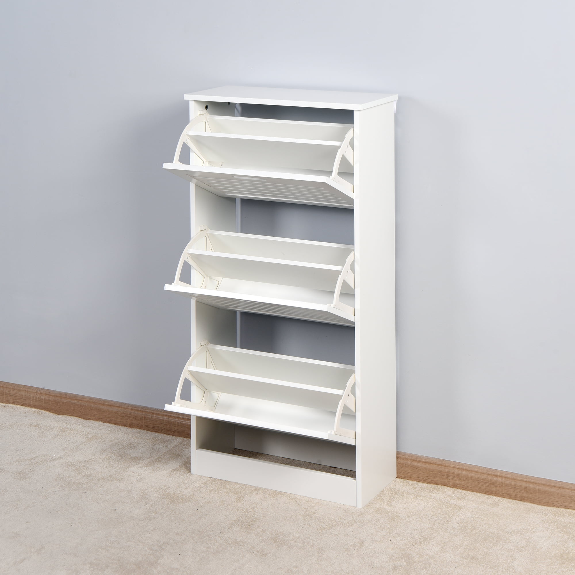 White Swivel Rotating Shoe Rack with 3 Doors 9-Tier Modern Shoe Cabinet  with Storage