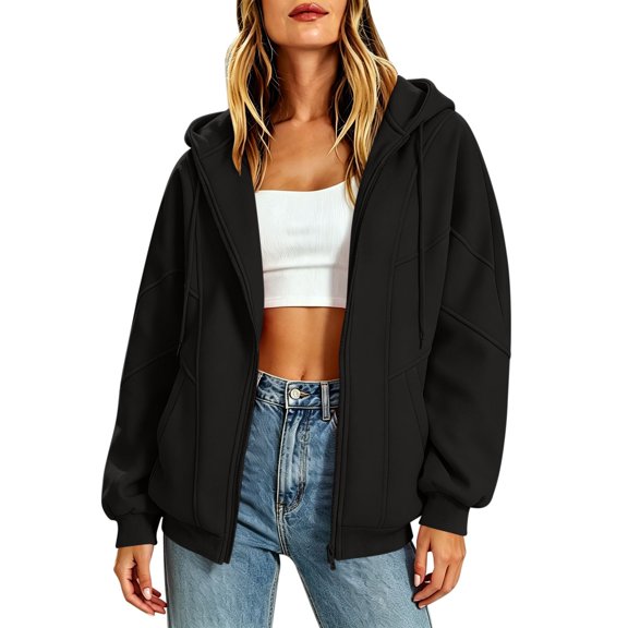 ZHYou Zip Up Hoodies for Women Casual Multi Panel Seam Drop Shoulder Loose Drawstring Hooded Sweatshirts with Pockets,Black,Size L