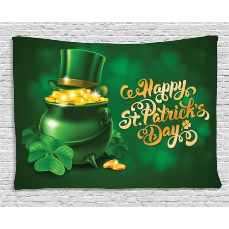 - St. Patrick's Day Tapestry, Large Pot of Gold Leprechaun Hat and Shamrocks Greetings 17th March, Wall Hanging for Bedroom Living Room Dorm Decor, 60W X 40L Inches, Gold and Emerald, by Ambesonne