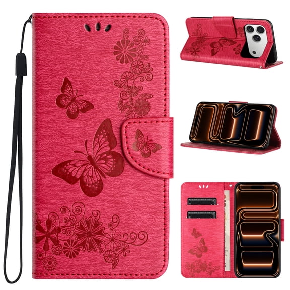 TECH CIRCLE For iPhone 17 Pro Max Flip Wallet Phone Case with Wrist Strap, Cute Embossed Butterfly PU Leather Case with 2 Card Slots and 1 Cash Pocket, Protective Slim Lightweight Case, Rose