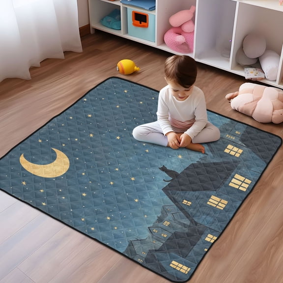 WOBOGO Illustration Of Cat Sitting on Roof Baby Playmats Extra Large Waterproof Rollable Activity Pads for Toddlers 50×50inch