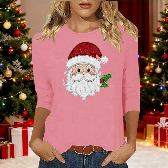 Gamivast Christmas Shirts for Women 2025 Three Quarter Sleeve Santa T-Shirt Cute Graphic Holiday Crewneck Casual Tunics Tops Winter Trendy Xmas Tees Family Matching Tops Blouse