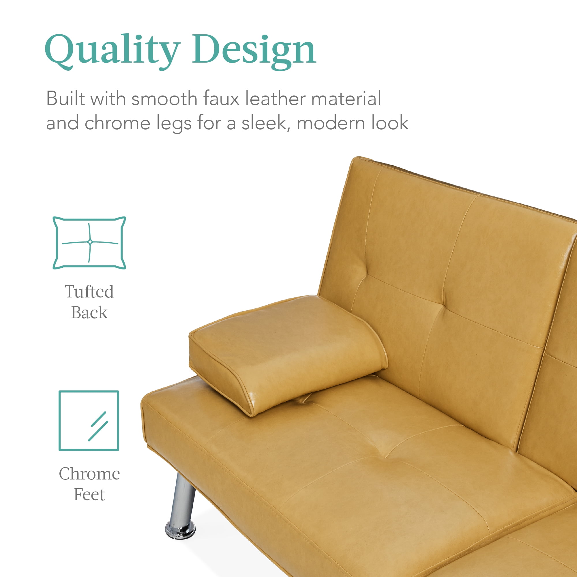 Best Choice Products Modern Faux Leather Convertible Futon Sofa w/ Removable Armrests, 2 Cupholders - Camel Yellow