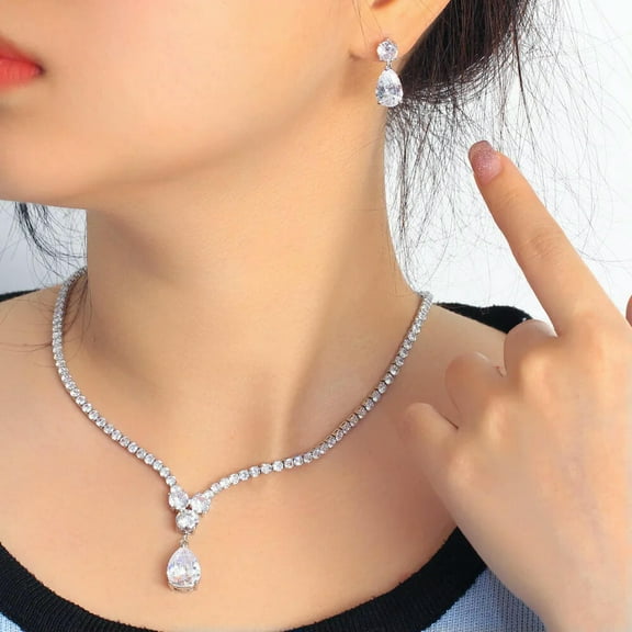 Silver Plated CZ Water Drop Pendant Necklace Earrings Bridal Wedding Jewelry Set