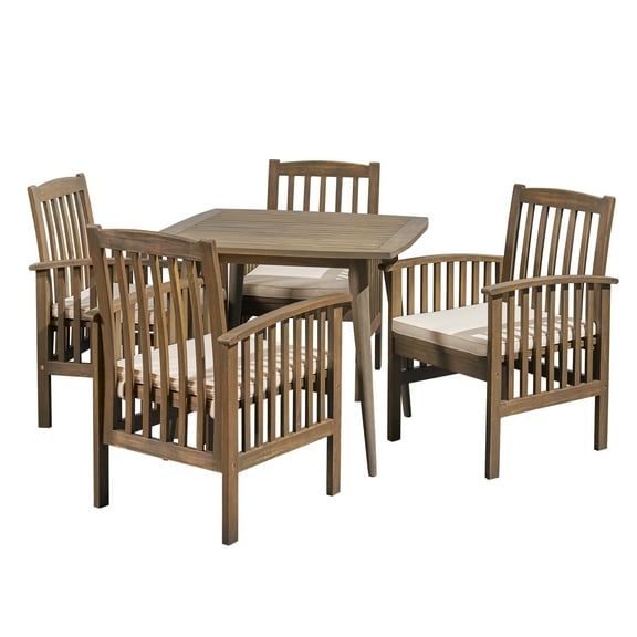 GDF Studio Adina Outdoor Acacia Wood 5 Piece Dining Set with Cushion, Gray and Cream