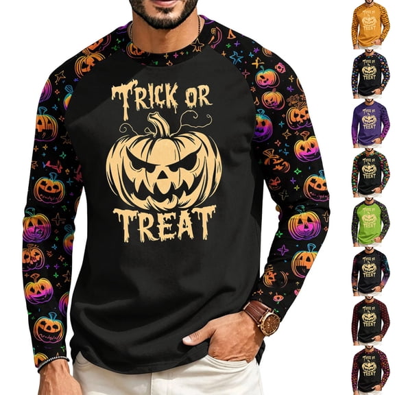 Mens Halloween Long Sleeve Shirt Funny Spooky Ghost Witch Pumpkin Printed Moisture Wicking Basic Workout Tops for Holiday Streetwear