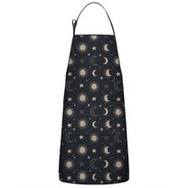 Dark Blue Sun Moon Star Pattern Apron-Garden Aprons for Women with Pockets-Cotton Linen Waterproof Kitchen Cooking Gardening Aprons Adjustable for Kitchen,Cooking,BBQ and Salon 33x27 Inch