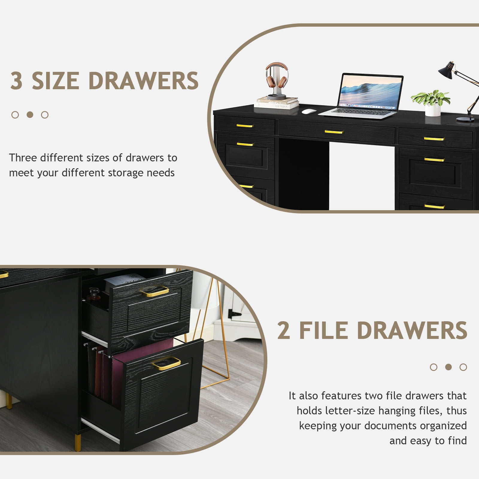 DreamCurship Computer Desk with Drawers, 57" Executive Desk with File Drawers, Home Office Desk with Storage, Black