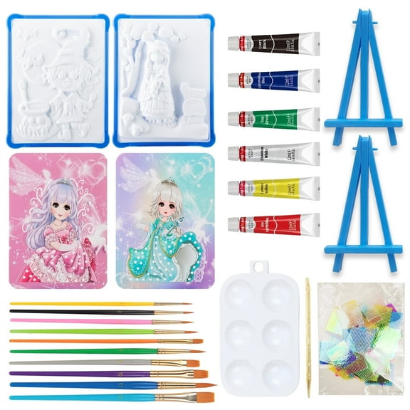 Falling in Art Creative Puzzle Puncture Painting Kit, DIY Princess Dress-Up Model Art and Craft Set with Acrylic Paints and Brushes for Kids