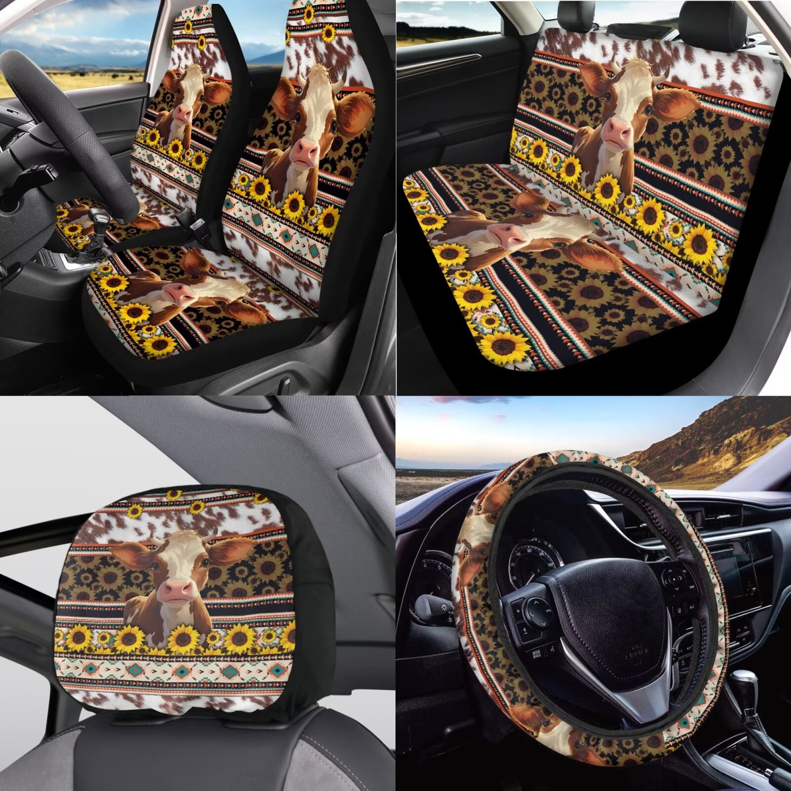 Garronmavis Aztec Highland Cow Sunflower Car Accessories Set with Steering Wheel Wrap Gear Shift Cover Handbrake Sleeve Headrest Protectors Cup Coasters Lightweight Auto Accessiores Universal Fit
