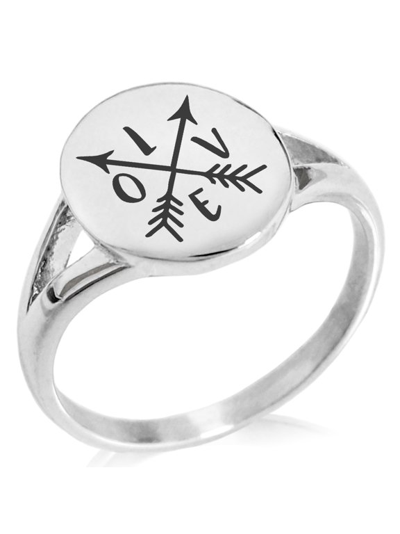 Stainless Steel Love Arrow Compass Minimalist Oval Top Polished Statement Ring