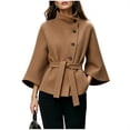 thumbnail image 2 of Miqool Women's Tweed Stand Collar Jacket Button Down Tie Waist Flare Long Sleeve Coat Trendy Casual Office Trench Coat, 2 of 8