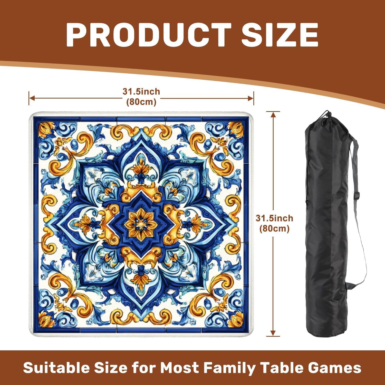 Mahjong Mat 31.5" x 31.5" Blue Yellow Floral Ornamental Tile Vintage Design Non-Slip Noise Reduction Mahjong Tiles Table Cover for Dominoes Poker Card Board and Tile Games