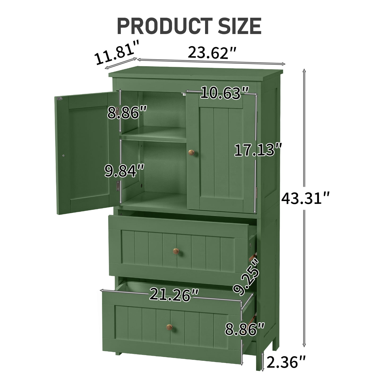 2-Drawer 2-Cabinet-Door Vertical-Grain MDF Painted Bathroom Cabinet 23.62x11.81x43.31in Green