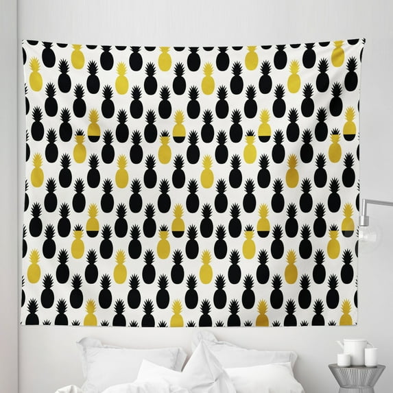 Yellow and Black Tapestry, Exotic Getaway Themed Illustration Fresh Summer Season Food, Fabric Wall Hanging Decor for Bedroom Living Room Dorm, 5 Sizes, Earth Yellow and Black, by Ambesonne