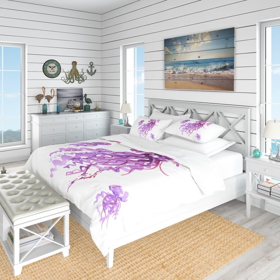 Designart 'Purple Jellyfish Watercolor' Nautical & Coastal Duvet Cover Set