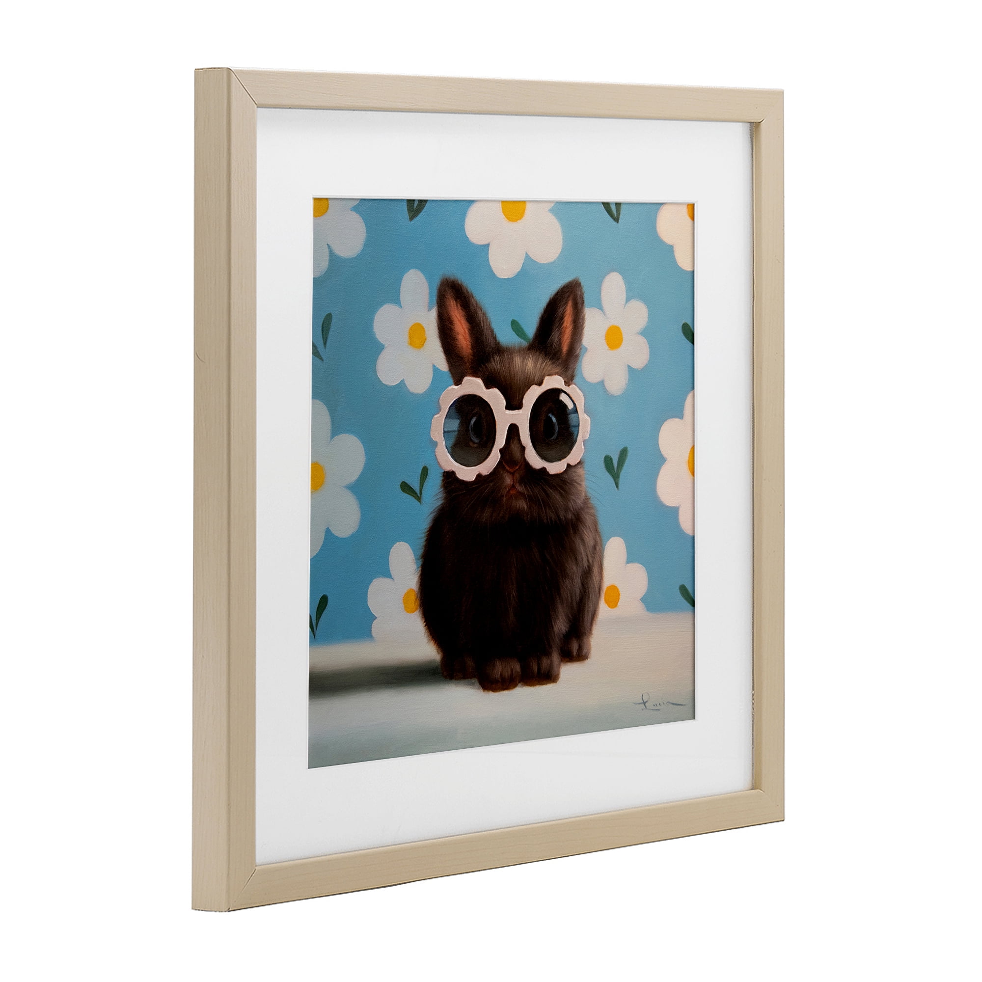 Flower Child Bunny Birch Framed Print Under Glass, design by Lucia Heffernan