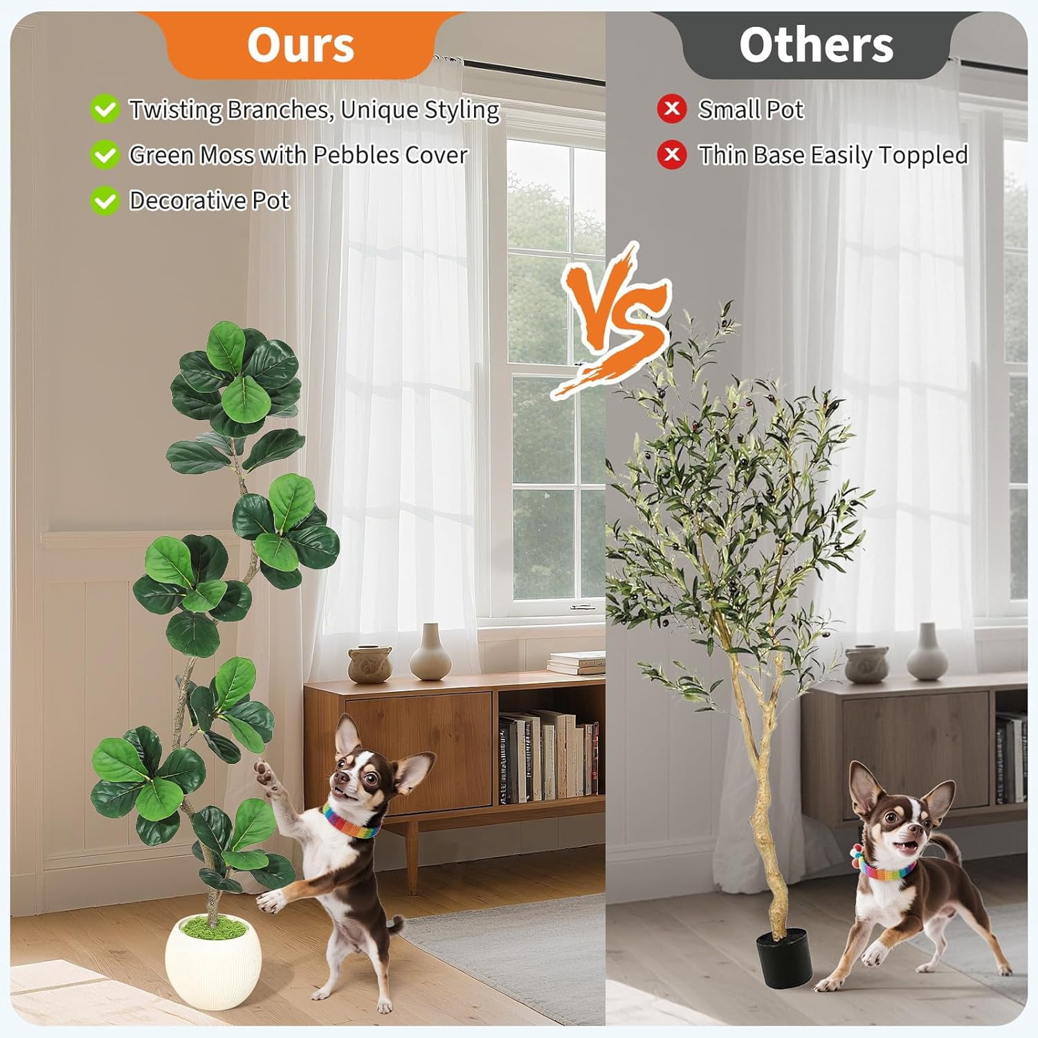 6ft Fiddle Leaf Fig Artificial Tree, Fake Rubber Tall Fake Floor Plant in Pot, Faux Plants Indoor with Moss, for Home Office Living Room Decor, with White Planter