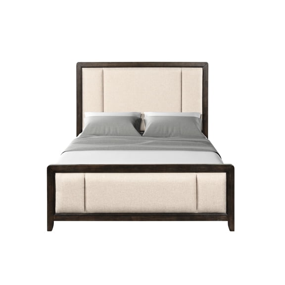 King Upholstered Headboard & In Antique Brown Wood Finish With Construction - Beige Solid   Flame