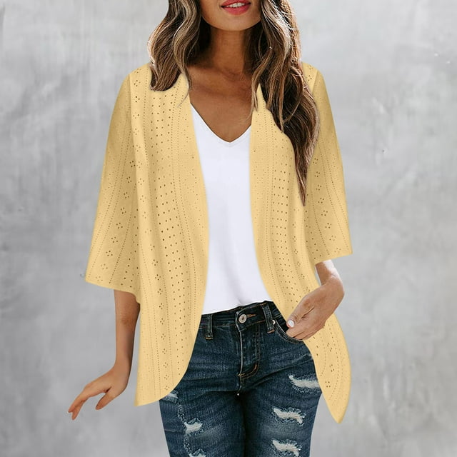 AherBiu Cardigan pour Femmes Manches 3/4 Léger Printemps Été Automne 2024 Mode Décontracté Doux Confortable Veste Ouverte