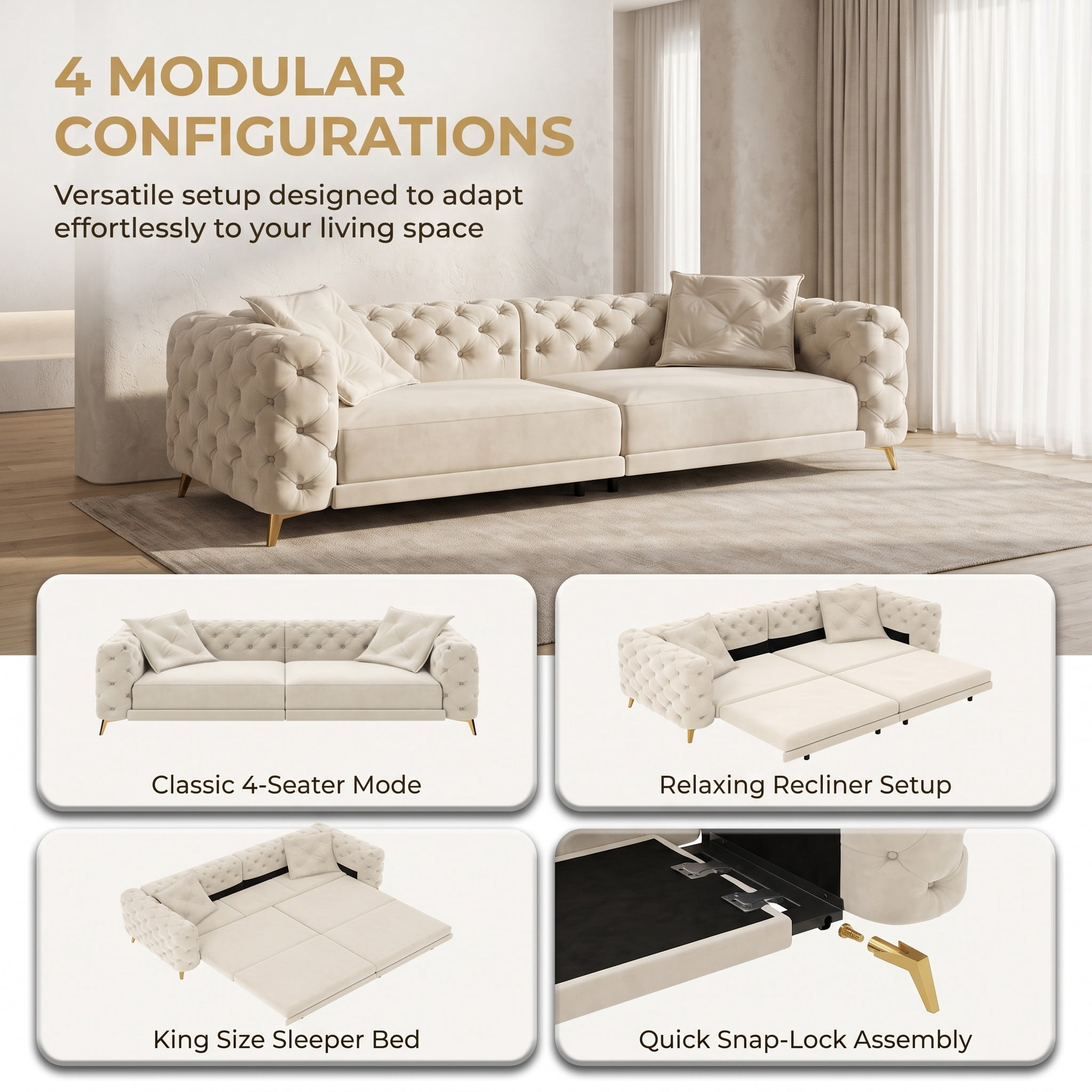 3-in-1 Velvet Sleeper Sofa Bed, 97.7" Modern Button Tufted Convertible Pull Out Couch with Gold Metal Legs & Deep Seat for Living Room, Beige