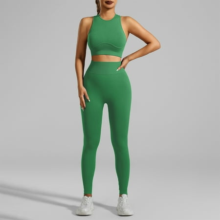 XDDLITP Womens Seamless Workout Sets Two Piece Padded Stretchy Ribbed Sports Bra Sets with High Waist Seamless Leggings Gym Yoga Outfits Green M