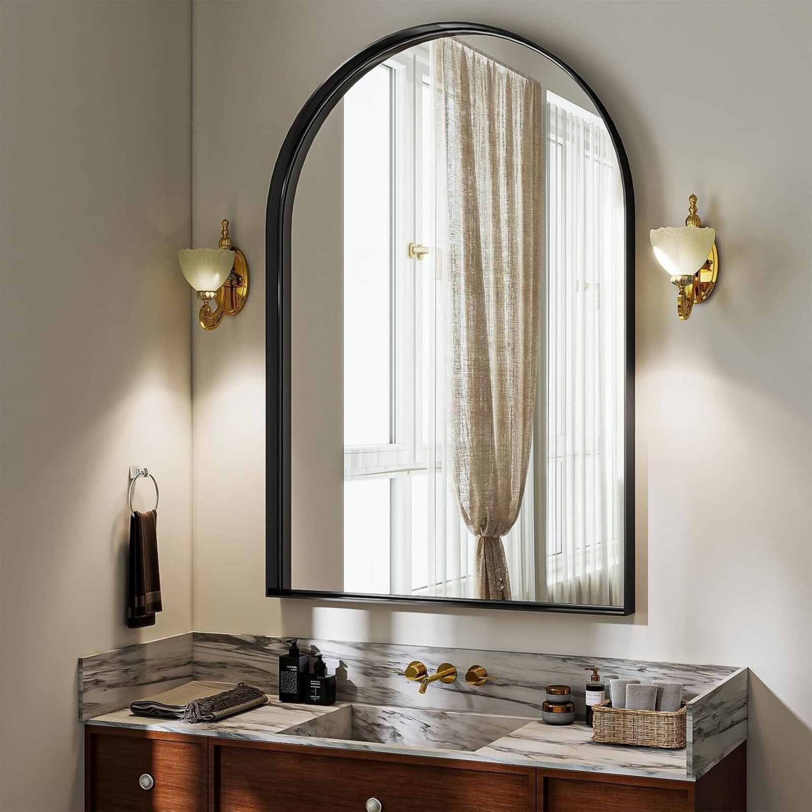 AUROMIR 30"x20" Arched Bathroom Mirror Vanity Wall Mirror With Deep Frame, Black