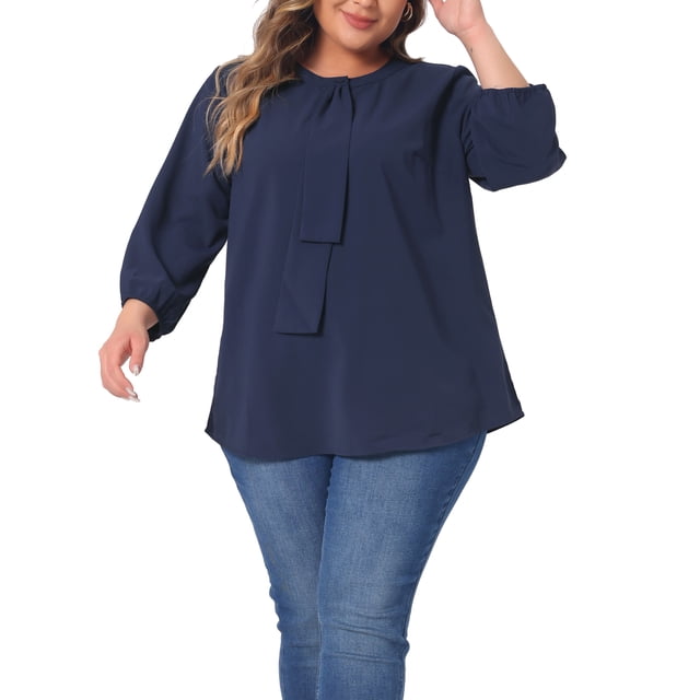 Agnes Orinda Women's Plus Size St. Patrick's Day Round Neck Tie Front Ruffle Chiffon Work Blouses 4X Dark Blue