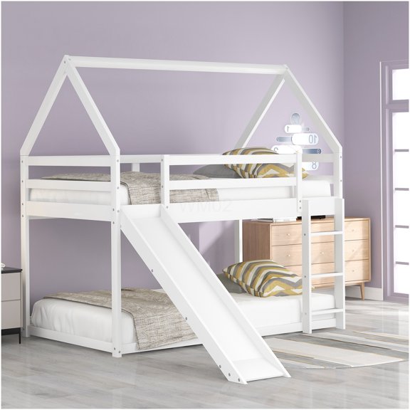 White Twin Bunk Bed with Slide and Ladder, Playhouse Design for Space Saving and Fun