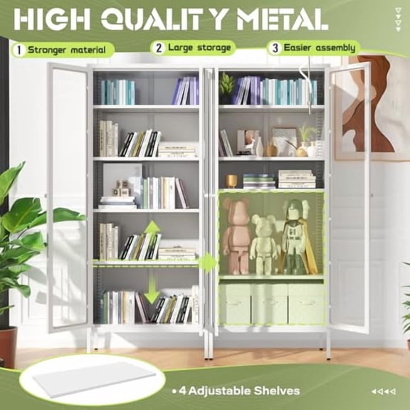 Crownland Modern Metal Display Cabinet with 4 Adjustable Shelves, White Glass Doors, 5 Tiers, Home Office, Living Room