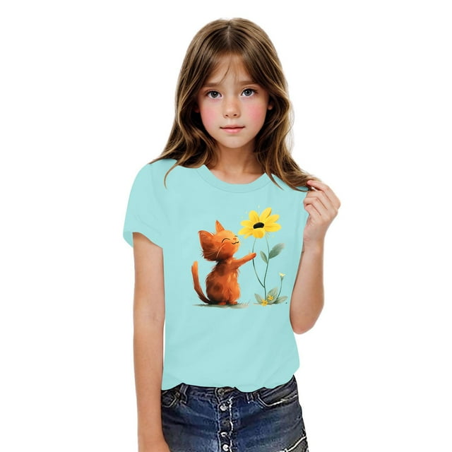 Rbaofujie T-Shirts pour Filles Imprimé Dessin Animé Manches Courtes Col Rond Mignons Graphiques