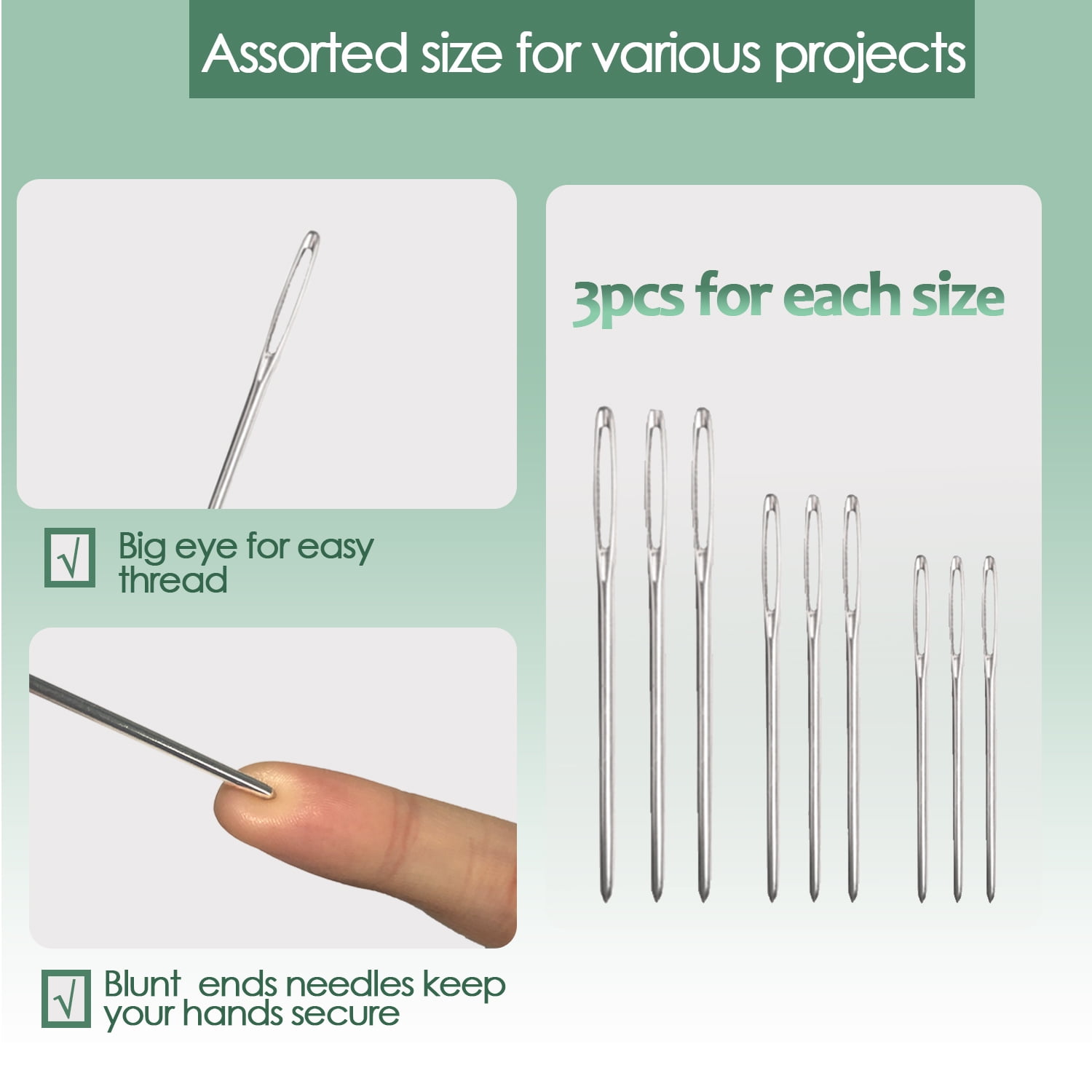 9 Pcs Large Eye Sewing Needles with Threader，Blunt Tip Tapestry Needles for Crochet, Knitting, Embroidery & Yarn Crafts, 3 Sizes (2.05, 2.36, 2.76 in)
