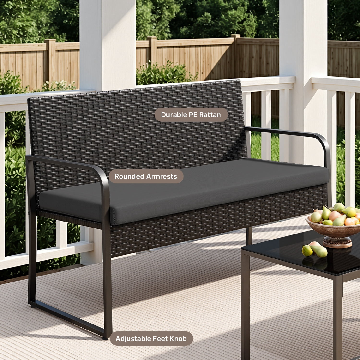 Wicker Outdoor Conversation Set with Glass Top Table, Patio Seating Furniture for Yard, Lawn and Poolside, Black