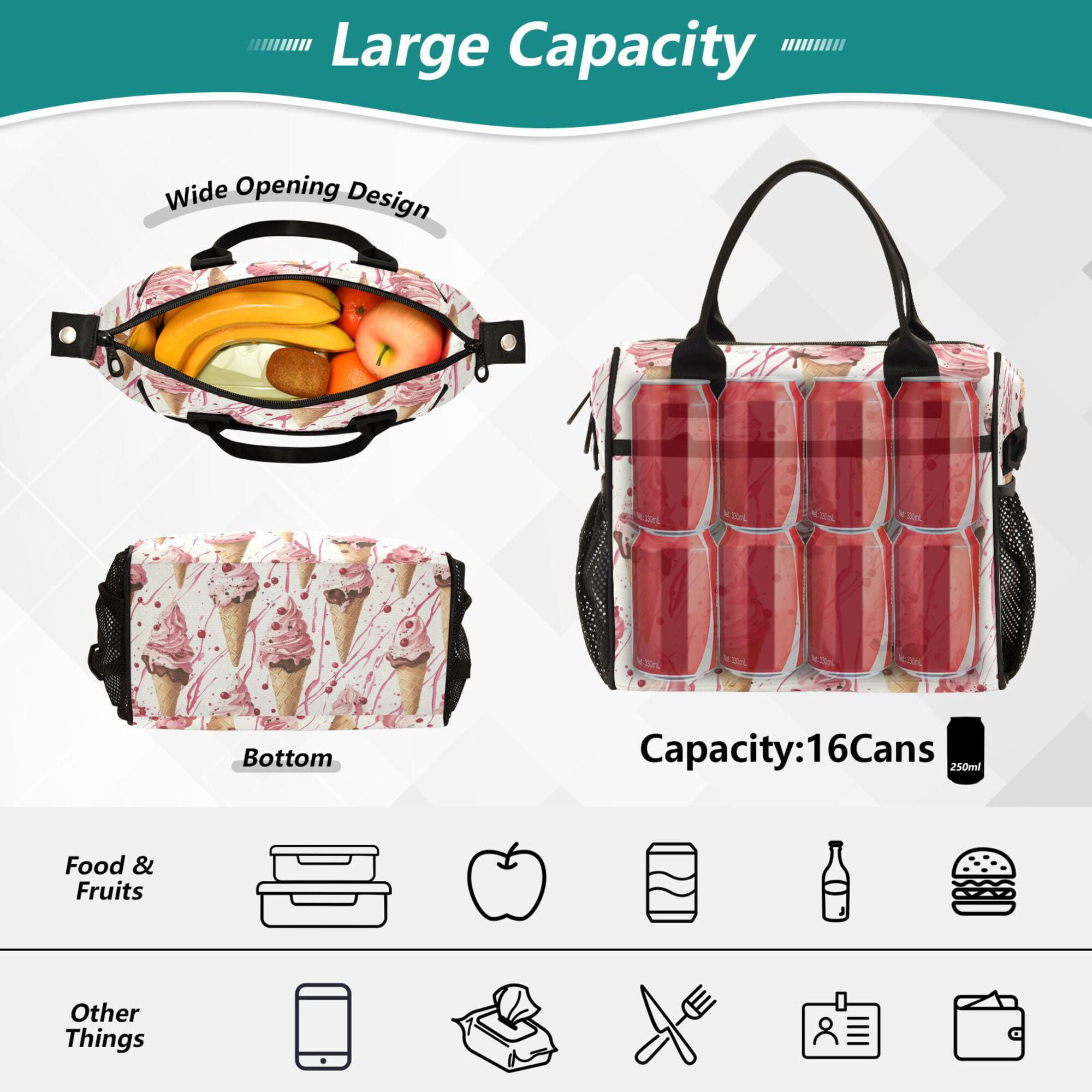 FORMRS Insulated Lunch Bag for Work School Unisex Large Capacity Cooler with Shoulder Strap, Pink Ice Cream Pattern
