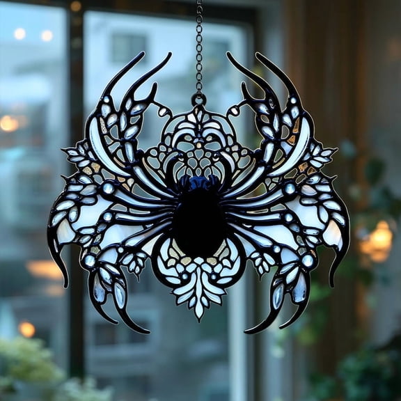 Gothic Black Spider Faux Stained Glass Suncatcher, Acrylic Halloween Window Hanging, Spooky Home Decor Gift For Women Or Spider Lovers
