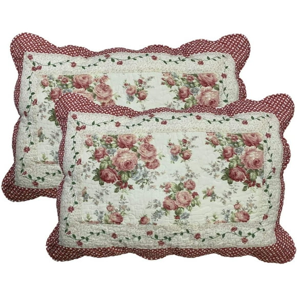 2-Piece Boho Cotton Quilted Bed Pillow Shams Floral Printed Patchwork Pillow Shams Set, Standard Size (510 Red, 20"x28")