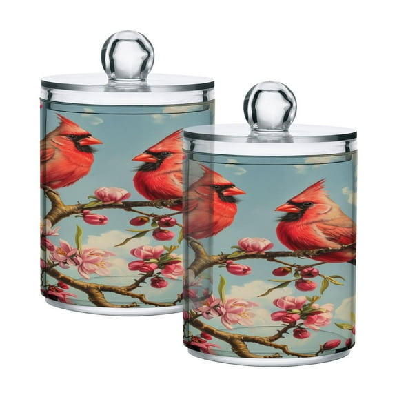 2 Pack Birds Sit on Tree Branch Qtip Holder Dispenser Clear Plastic Storage Apothecary Jars for Cotton Swabs Balls Pads Floss