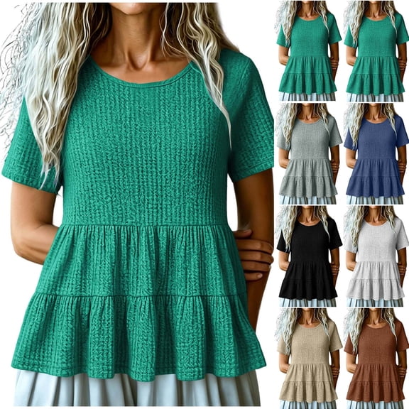 Ashirexll Summer Tops for Women Solid Color Spring Summer Fashion Casual Flared Short Sleeve Round Neck Top for Everyday