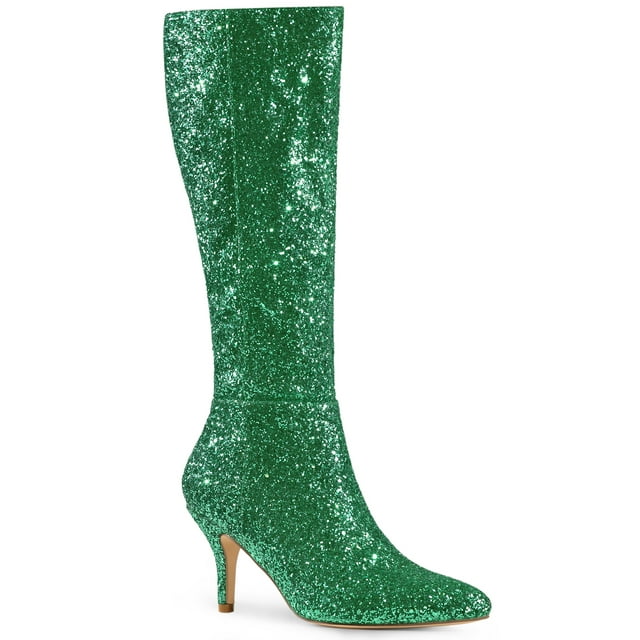 Unique Bargains Bottes Hauteur Genou à Talon Aiguille Scintillantes à Paillettes pour Femme Vert (Taille 7)